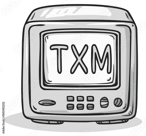 Retro television screen displaying TXM letters in a cartoonish doodle style