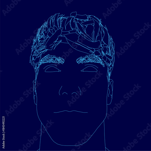 A blue line drawing of a man's face, set against a dark blue background for a modern fashion or contour concept.
