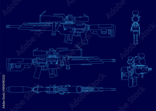 Modern sniper rifle blueprint with detailed contour lines on a solid blue background. Key components like the barrel, scope, and stock are clearly defined for technical illustration.