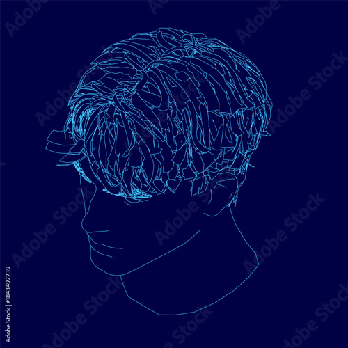 A stylized male head contour in blue line art features fashionable hair against a dark blue background.