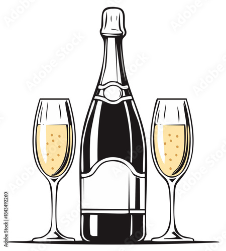 Classic champagne bottle with two elegant flutes filled with sparkling bubbly liquid celebration vector illustration