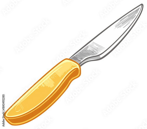 Sharp stainless steel kitchen knife with a bright yellow handle in a detailed sketch style