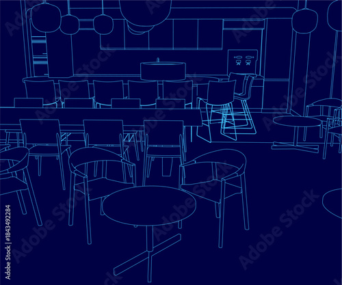 Restaurant blueprint with orderly tables and chairs in a cozy, inviting room. The kitchen area is outlined, and the floor features light carpeting on a neutral contour.