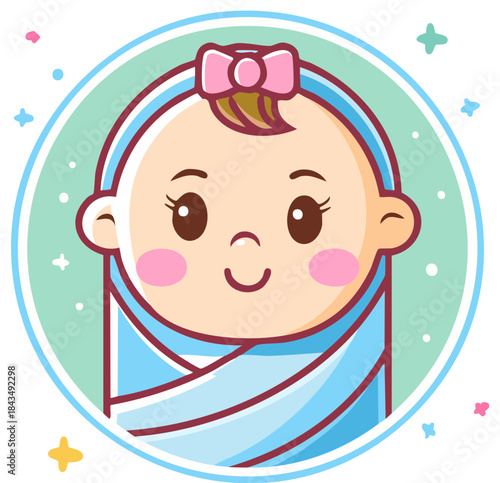 Adorable baby girl swaddled in blue blanket with pink bow and starry background