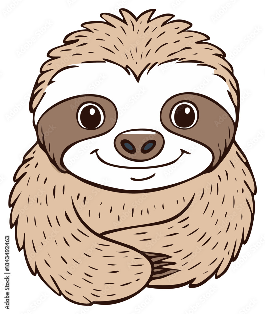 Naklejka premium Cute cartoon sloth smiling with fluffy fur and folded arms