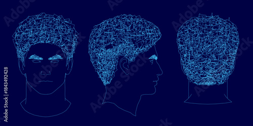 Three male head silhouettes with distinct facial expressions form a triangular composition against a solid blue background. The detailed fashion hairstyles and sharp facial features create a striking.