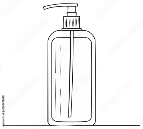 Outline illustration of a hand sanitizer pump dispenser, cleaning, and hygiene