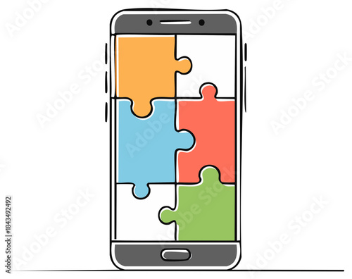 Hand drawn smartphone with puzzle on screen representing mobile app solution and strategy