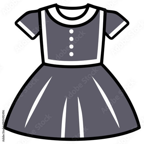 Illustration of a gray dress with white details, four buttons and short sleeves.