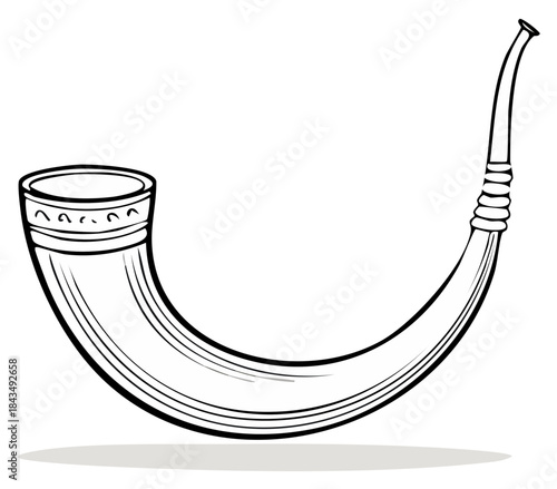 Traditional musical horn with decorative rim and coiled mouthpiece in simple line art style
