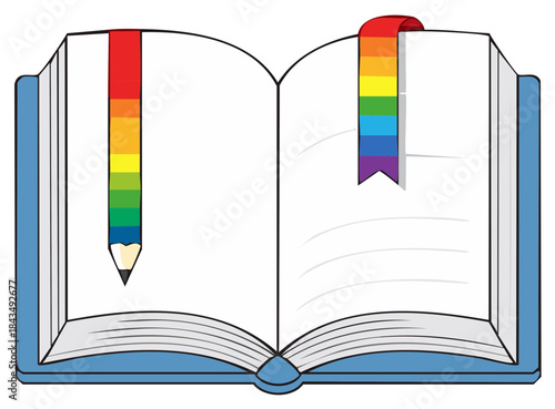 Open Book with Rainbow Pencil and Ribbon Bookmark Representing LGBTQ Pride and Inclusive Education