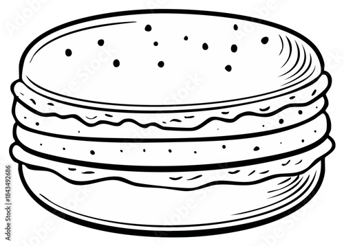 Cartoon burger sketch with a thick stack of ingredients and sesame seeds