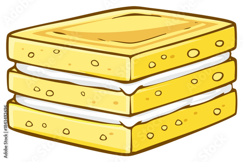 Layered yellow cake dessert with white cream filling, isolated