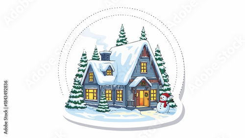 Cozy snow globe scene with warm house and snowmen in winter wonderland