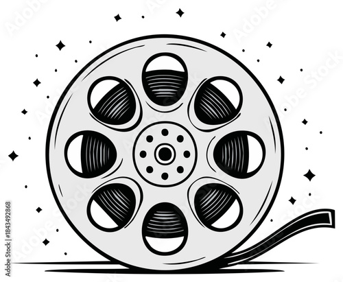 Classic Film Reel Illustration with Movie Strip and Sparkles Representing Cinema and Entertainment