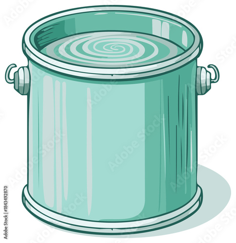 Illustrated green metal pot or bucket with swirling water creating ripples and a vortex