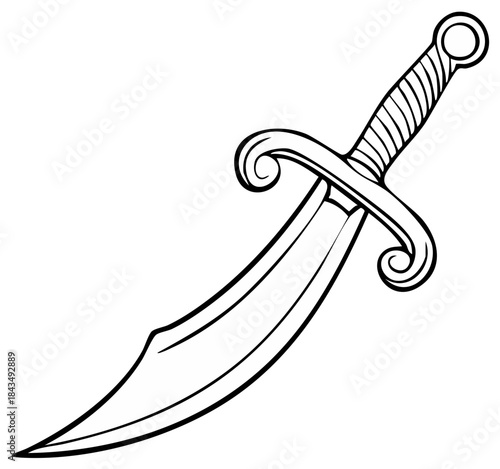 Stylized Sword Illustration, Curving Blade, Decorative Hilt, Line Art for Medieval, Adventure, Fantasy Graphics