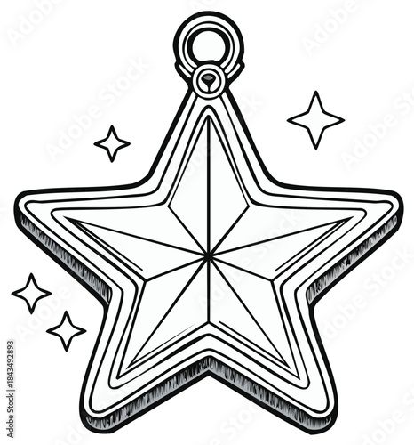 Starry ornament, illustration with stars and shadows, holiday decoration with hanging ring, linear drawing.