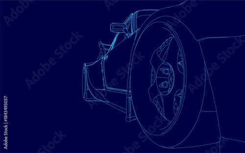 A detailed blueprint of a sport car contour highlights the complex engineering of its wheel assembly on a solid blue background.