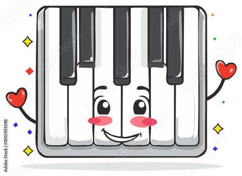 Cartoon Piano Keyboard with a Smiling Face, Hearts, Confetti, Music Instrument Illustration