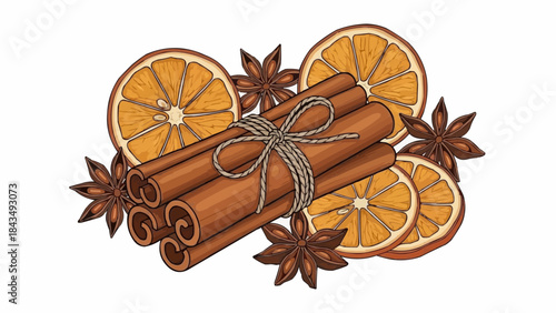 Cinnamon sticks with dried orange slices and star anise on white background