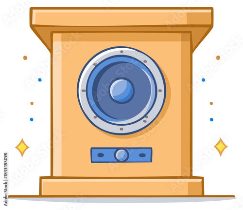 Vintage boombox with blue speaker and volume knob emitting sparkly sound waves