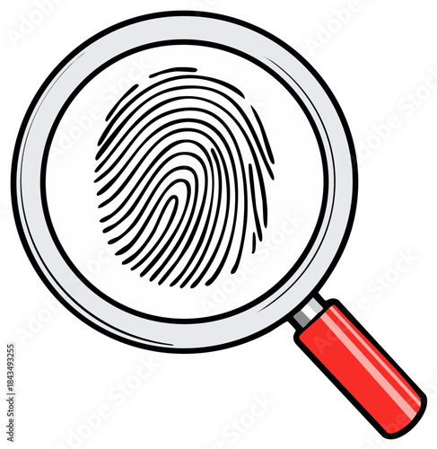 Magnifying glass examining a detailed fingerprint for forensic investigation and identification