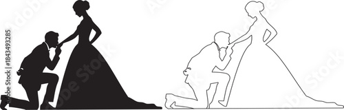 A romantic proposal scene with a bride and groom black silhouette