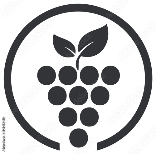 Minimalist grape cluster with leaves inside a circular emblem organic food icon