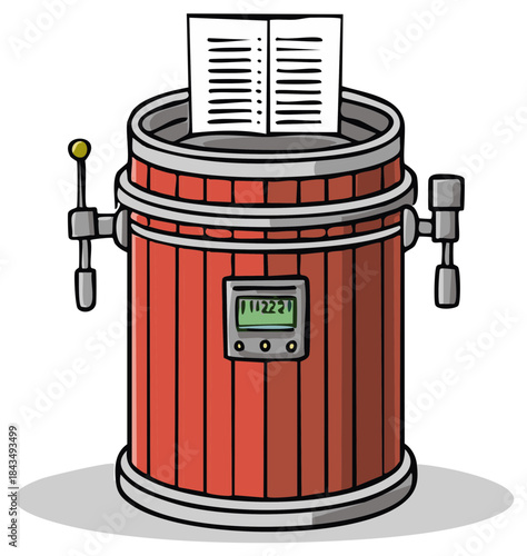 Retro machine with lever dispenses paper list and shows digital display