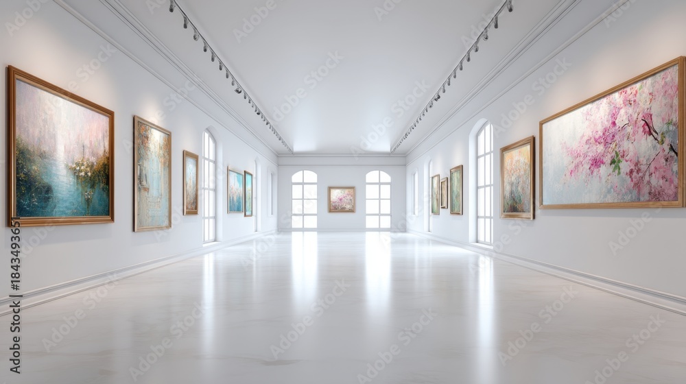 Obraz premium Visitors can see different paintings on the walls of the gallery. The room has bright lighting and large windows. The floor is smooth and shiny.