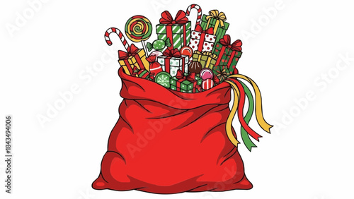 Vibrant Christmas presents and sweets spilling from a red sack