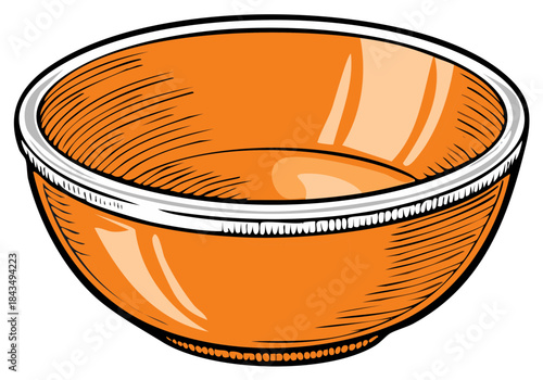 Orange mixing bowl with white trim, vector illustration, kitchen utensil artwork.