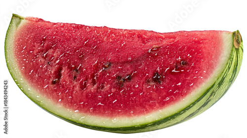 Refreshing Juicy Watermelon Slice with Red Flesh, Black Seeds, and Water Droplets on White