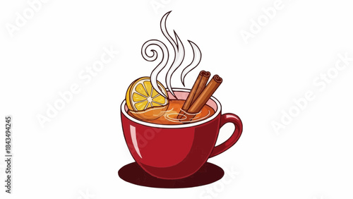 Warm and cozy steaming cup of mulled wine with cinnamon and lemon
