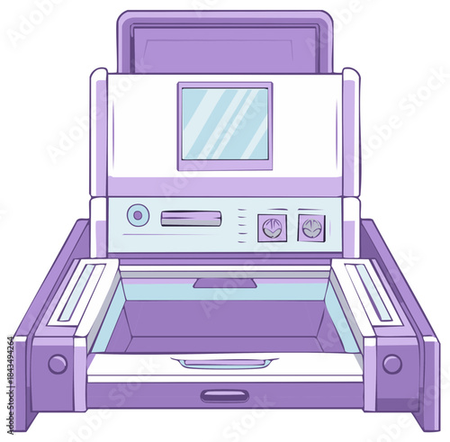 Retro styled document scanner opened with purple accents and a screen