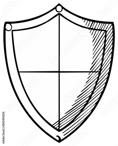 Doodle Style Black Outline of Heraldic Shield with Cross Dividers and Hatching