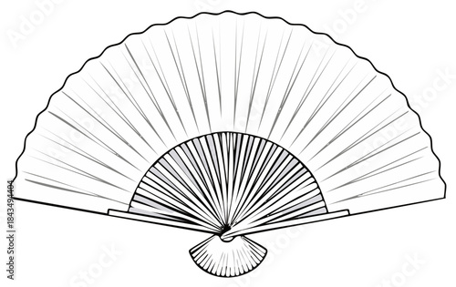 Minimalist black and white folding fan vector icon with classic pleats and decorative edge