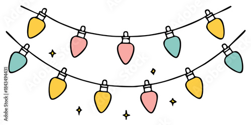 Colorful string lights garland with decorative sparkles and gentle curves