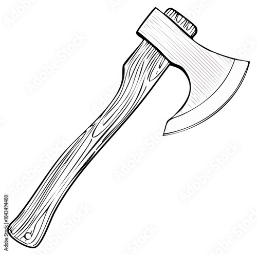 Vintage Hand Axe with Wooden Handle and Steel Blade Line Drawing