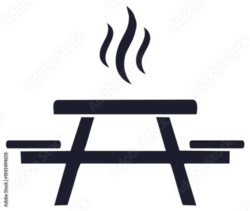 Picnic table icon with smoke graphic. Symbol for outdoor eating and grilling.