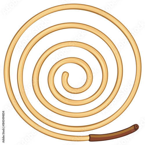 Illustration of a coil incense with spirals and a dark brown end on a white background