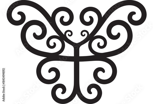 Elegant black butterfly design element with swirling details on transparent background silhouette