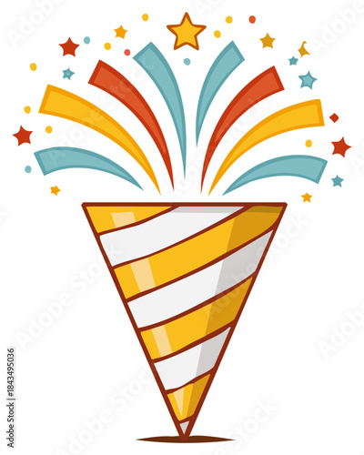 Colorful Party Popper Bursting with Confetti and Stars Illustration
