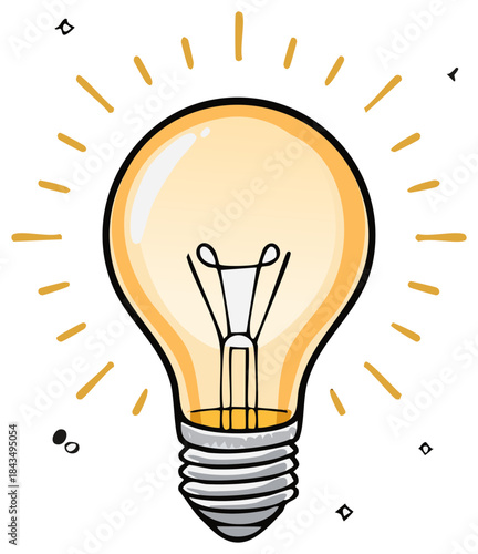 Brightly lit cartoon light bulb radiating yellow light and sparks, symbolizing a new idea.