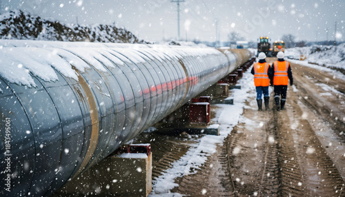 Construction workers in winter conditions overseeing a large industrial pipeline project.