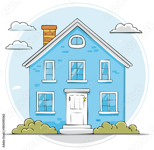 Charming Blue House Illustration with White Trim and Garden Bushes Against a Light Blue Sky