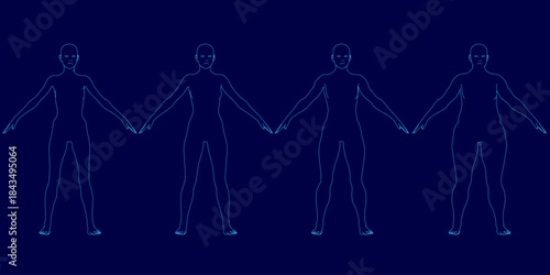 A set of silhouettes, a slim woman to fat, drawn in artistic line art contour against a solid blue background.