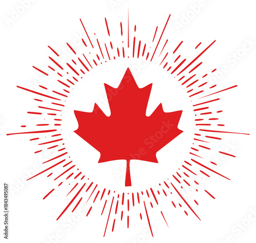 Red Maple Leaf with Bursting Rays Graphic Illustration