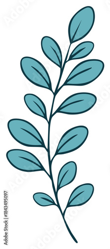 Hand drawn botanical illustration of a leafy plant sprig with teal leaves